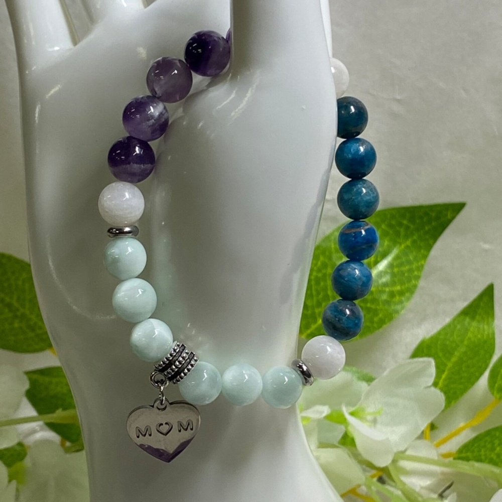 3/$40 NWOT Angelite Amethyst Apatite Moonstone Bracelet:, Peace, Transformation